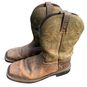 Justin Men's Brown Green Leather Steel Toe Western Work Boots Size 9D SE4688